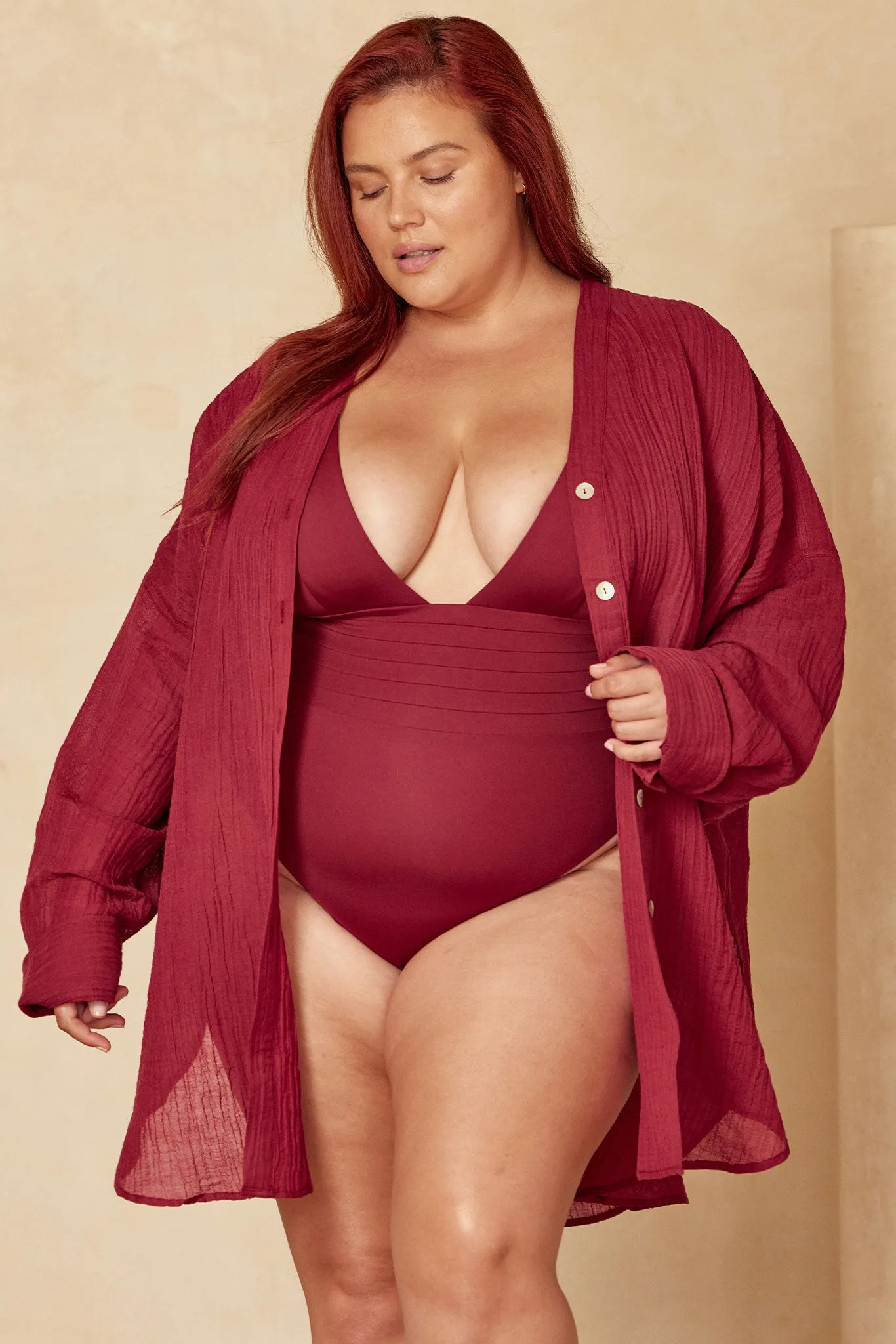 Barcelona Tunic - Burgundy Crinkle Linen Monday Swimwear