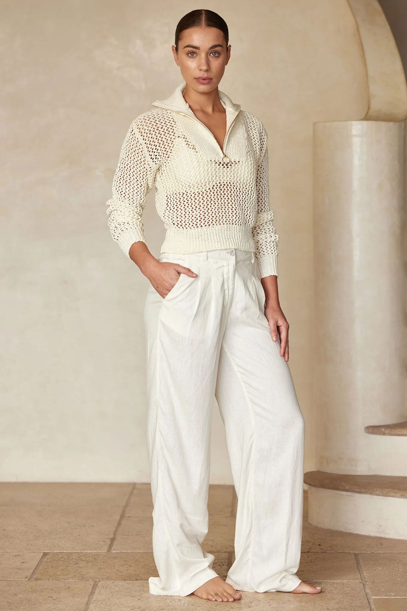 Lisbon Quarter Zip Sweater - Ivory Petit Crochet Monday Swimwear