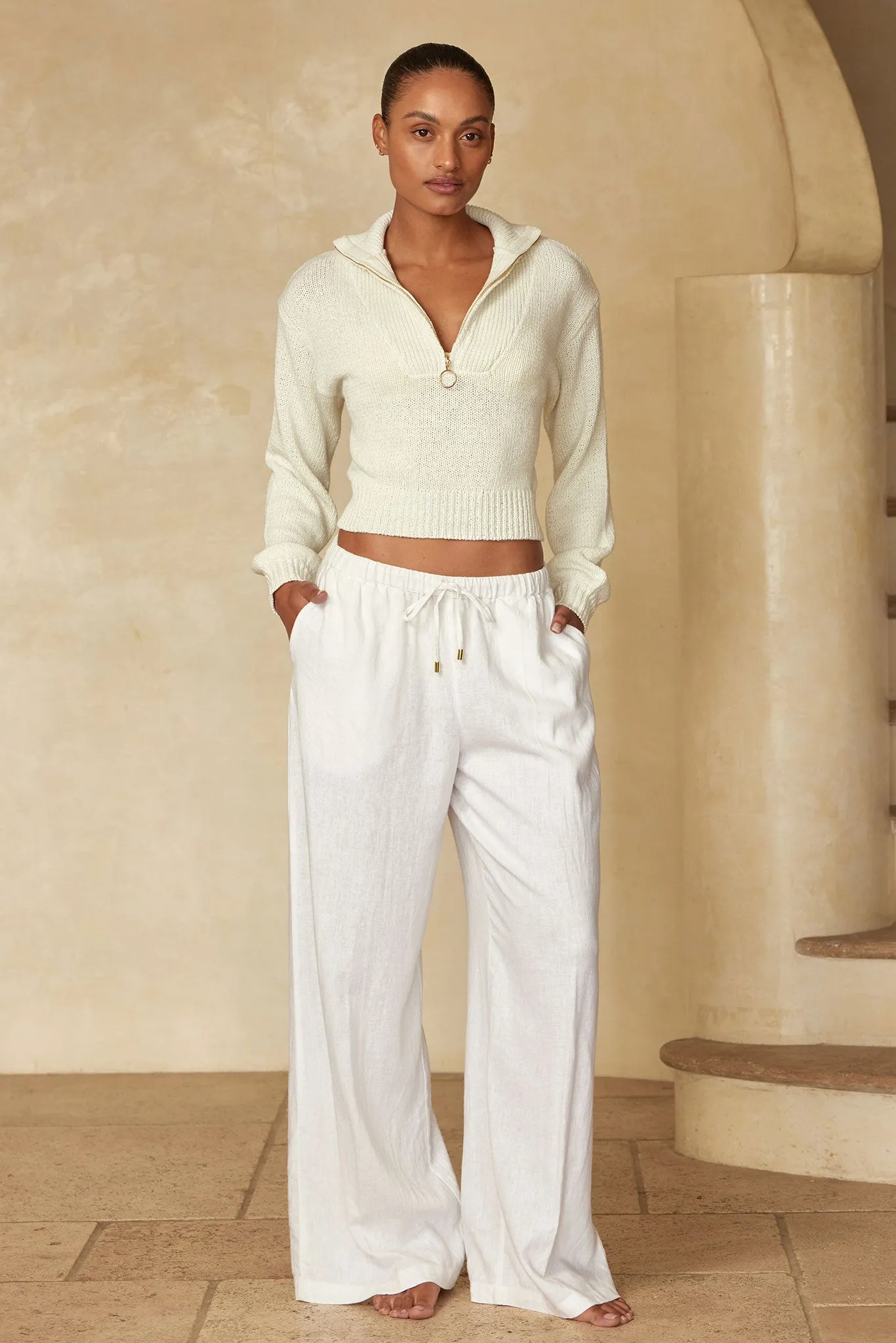 Lisbon Quarter Zip Sweater - Ivory Petit Crochet Monday Swimwear