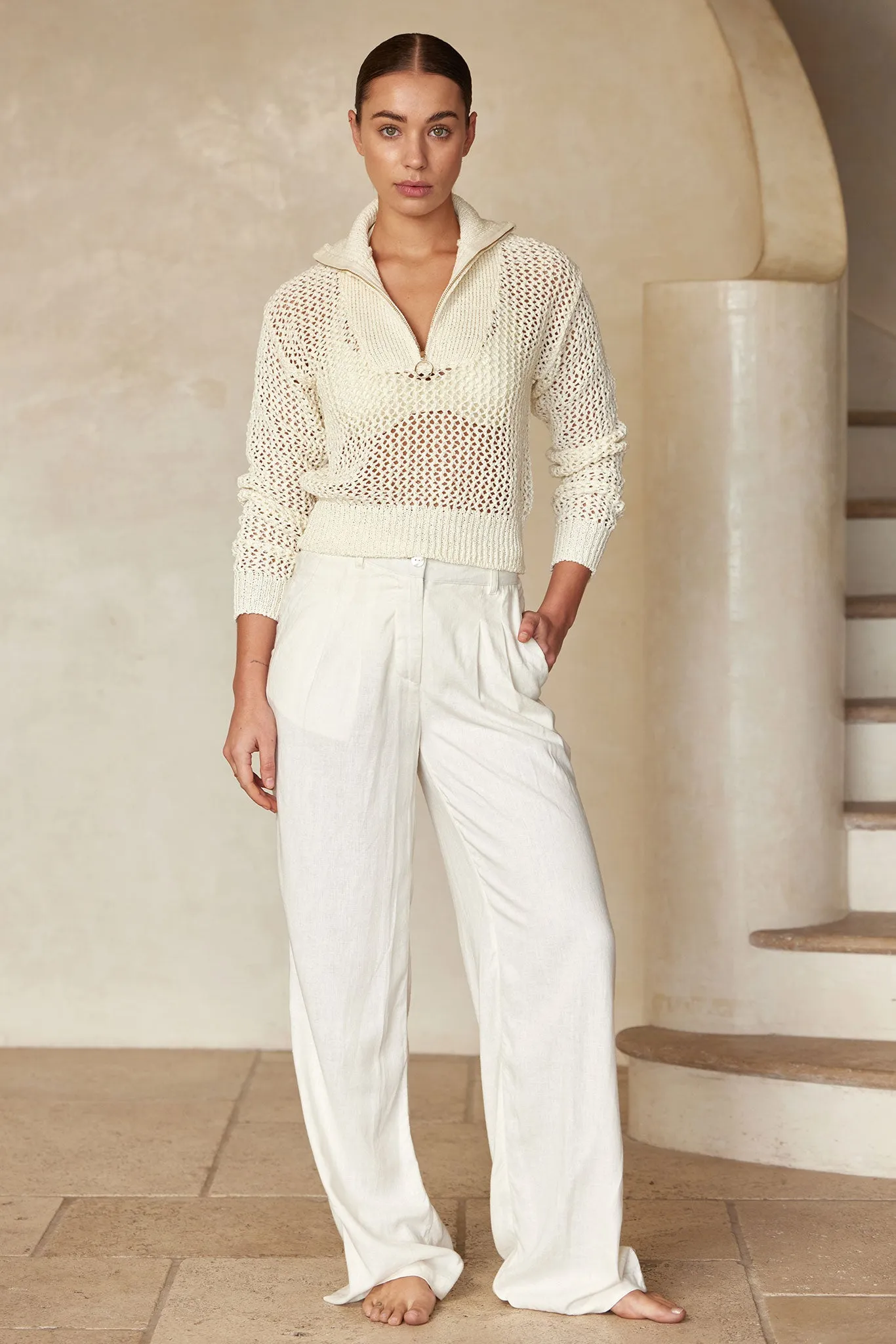 Lisbon Quarter Zip Sweater - Ivory Petit Crochet Monday Swimwear