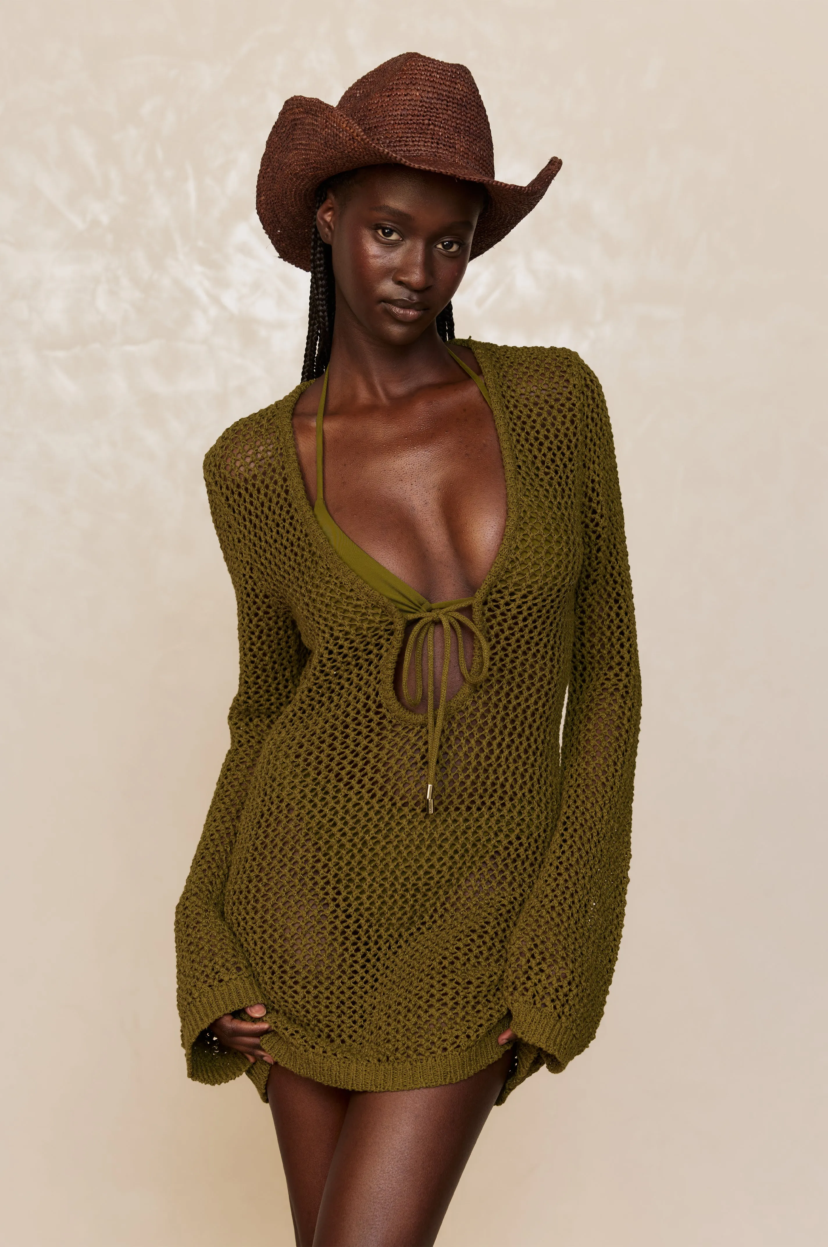 Montego Mini Tie Dress - Olive Petit Crochet Monday Swimwear