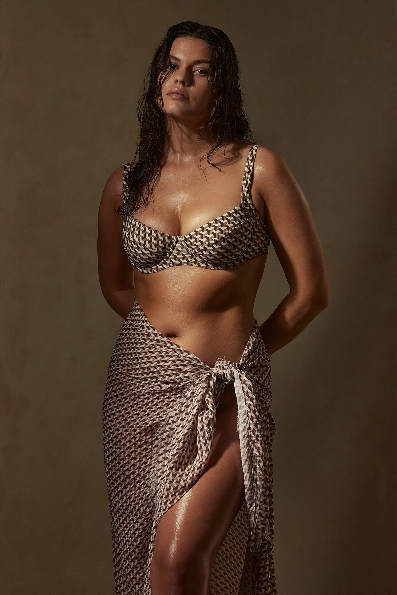St. Tropez Sarong - Husk Geo Crinkle Linen Monday Swimwear