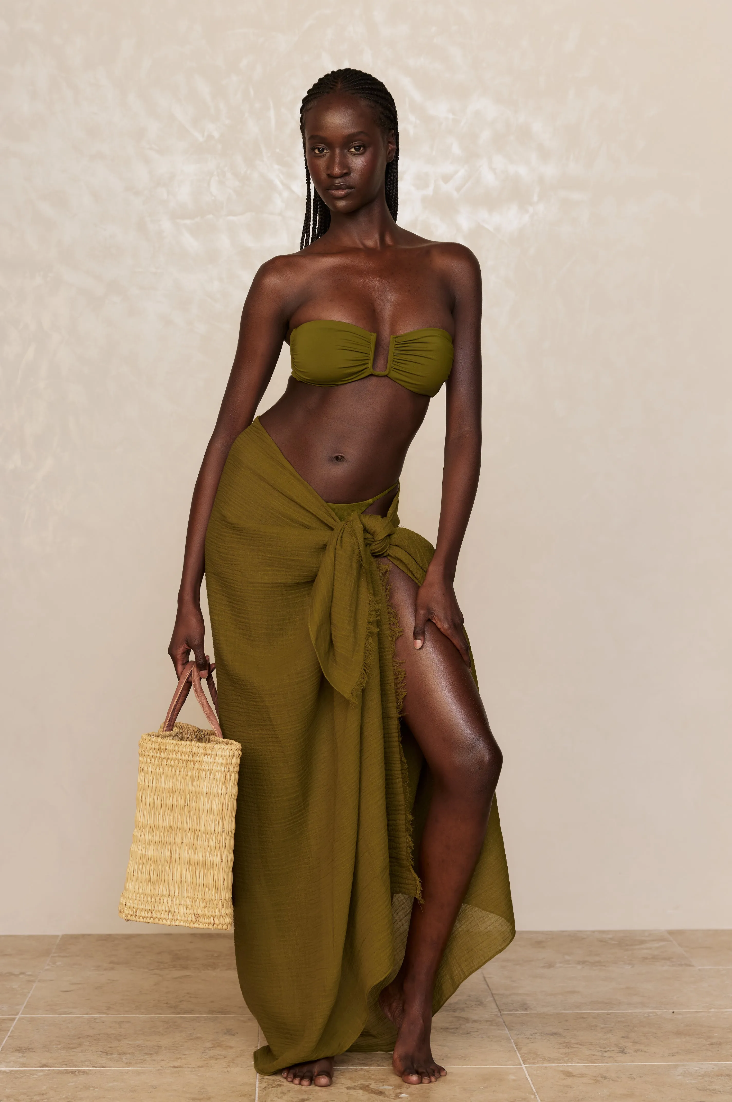 St. Tropez Sarong - Olive Crinkle Linen Monday Swimwear
