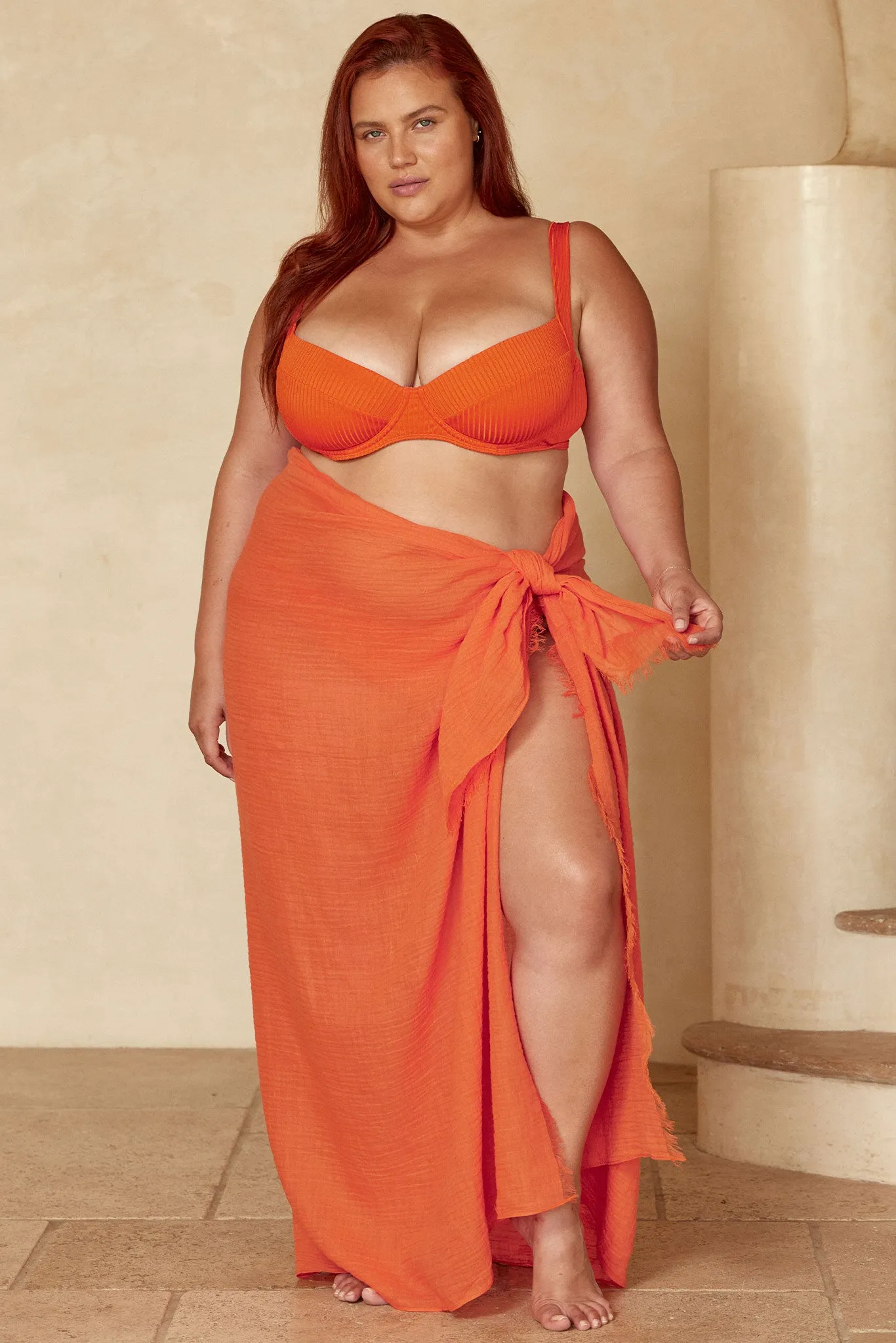 St. Tropez Sarong - Papaya Crinkle Linen Monday Swimwear