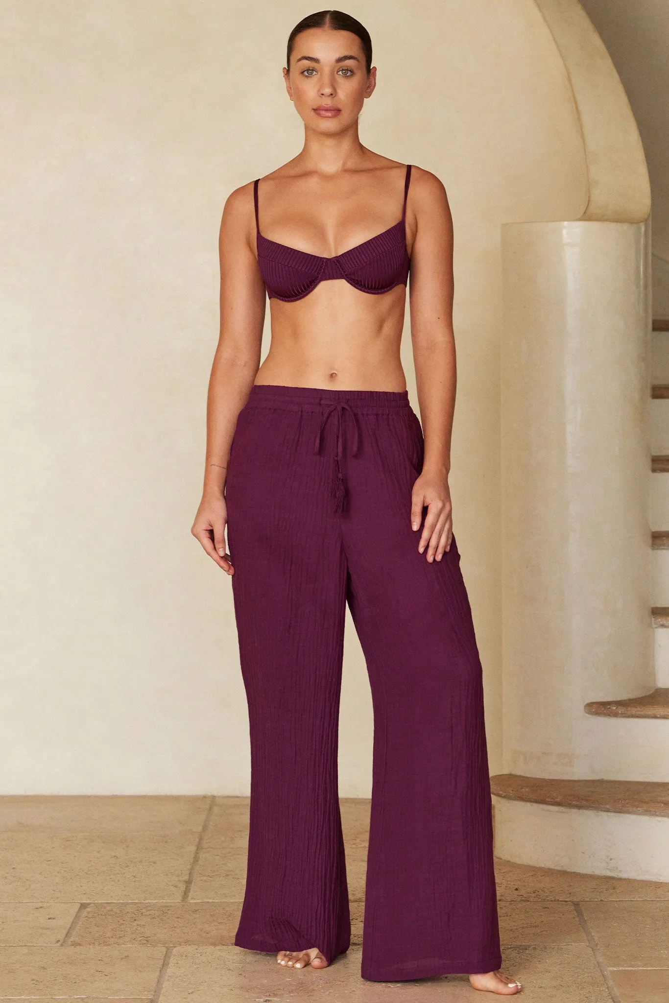 Tahiti Pant - Eggplant Crinkle Linen Monday Swimwear